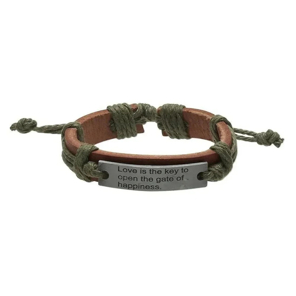 Handmade Brown Green Love is The Key Leather Silver Pewter Adjustable Bracelet